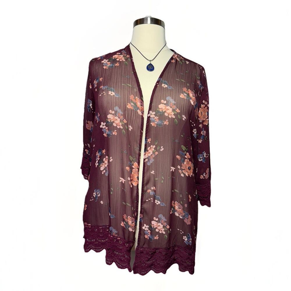 Mason & Belle 1X Floral Kimono Cardigan Burgundy Sheer Lace Boho Open Front Top